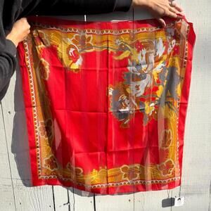 VTG Silk Floral Scarf Sheer Panel Square Scarf Red Gray Yellow Gift for Her